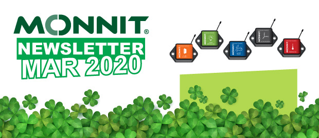 Monnit Newsletter March 2020 logo with shamrocks and Monnit Wireless Sensors