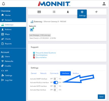 activating Modbus in iMonnit