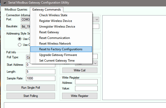 Serial Modbus Gateway Configuration Utility - Reset