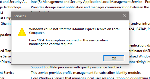 Error 1064: An exception occured in the service when handling the control request